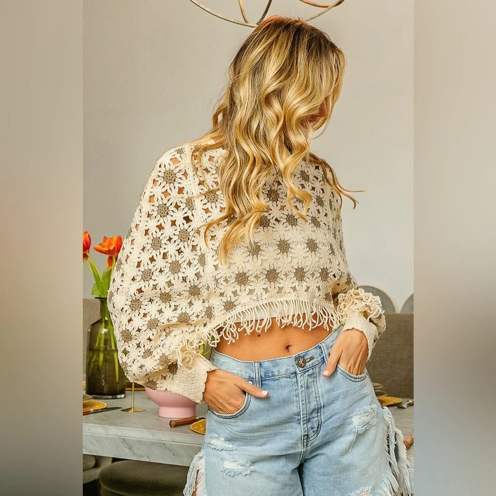 DOLMAN SLEEVE FLOWER PATTERN CROCHET LACE COVER UP Bohemian Blouse Top by BiBi